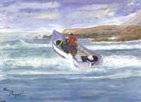 Cape Kiwanda Dory Boat Running The Surf - the last of a dying breed. A watercolor by Pagani in private collection